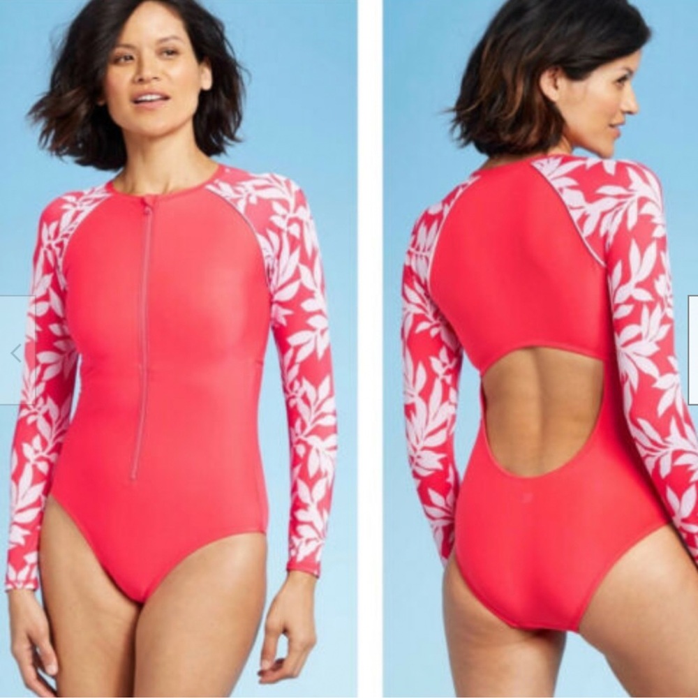 All in Motion Large Coral Red Floral Long Sleeve One Piece Rash Guard Swimsuit - Picture 4 of 11